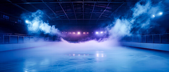 futuristic background with neon spotlights, smoke.Ice Rink.Professional Arena, Scene. Winter poster for hockey competitions. Ice skating. Stadium. Generative ai	 - obrazy, fototapety, plakaty