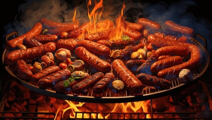 sausages are being cooked on the grill with fire on them