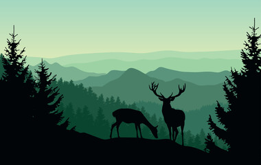 Vector green landscape with silhouettes of misty mountains, forests and deer