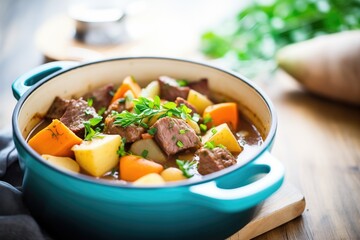 beef stew in a pot with carrots and potatoes