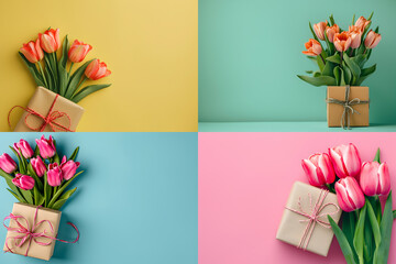 Mother's day concept - collage of 4 photoes of fresh beautiful tulips and present on solid color background