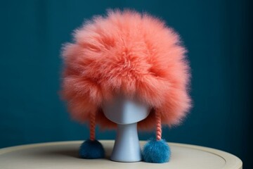 Warm coral hat with a playful blue pom-pom, perfect for winter. Generative AI