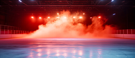 Red Ice Rink Background. Professional Arena illuminated red neon lights, spotlights with smoke. Copyspace. Winter poster for hockey competitions. Ice skating. Stadium. Generative ai	