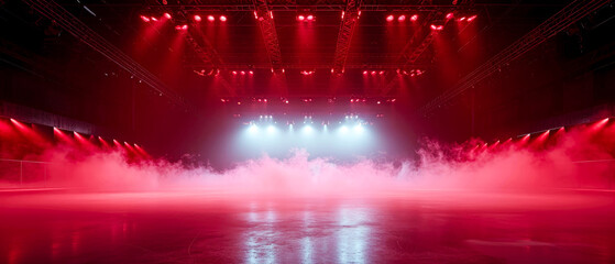 Fototapeta na wymiar Red Ice Rink Background. Professional Arena illuminated red neon lights, spotlights with smoke. Copyspace. Winter poster for hockey competitions. Ice skating. Stadium. Generative ai 
