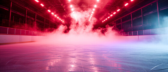 Red Ice Rink Background. Professional Arena illuminated red neon lights, spotlights with smoke. Copyspace. Winter poster for hockey competitions. Ice skating. Stadium. Generative ai	