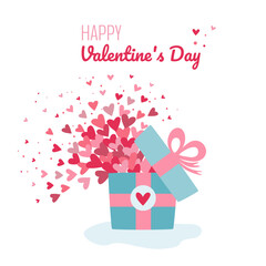 Valentine's day gift box with hearts. Social gift concept in flat style. Vector illustration about relationships. Love message.
