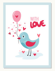 Greeting card concept in simple retro style. Valentine's day greeting card with hearts and cute bird. Vector illustration.
