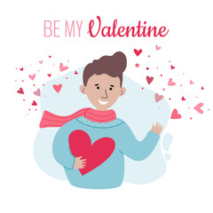 Valentine gift concept simple craft. Young man holding a big heart in his hands. Love message