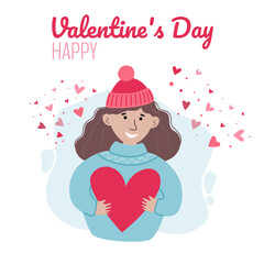 Valentine gift concept simple craft. Young woman holding a big heart in her hands.