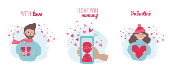 Set of valentines day vector illustrations. Flat style design.