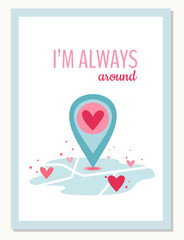 Greeting card concept in simple retro style. Valentine's day greeting card with heart and location pin. Vector illustration.