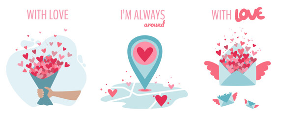 Set of valentines day vector illustrations. Flat style design.