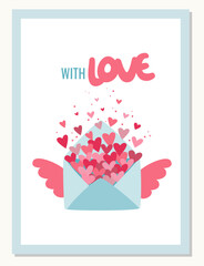 Greeting card concept in simple retro style. Valentine's day greeting card with envelope and hearts. Vector illustration.