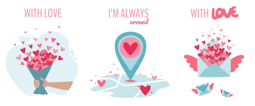 Set of valentines day vector illustrations. Flat style design.