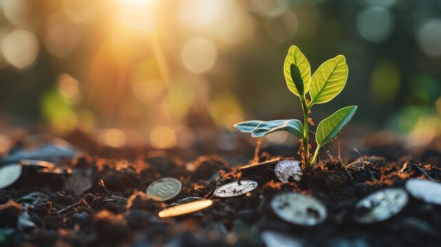 Sunlight shines through growing seedlings with coins piled around, concept of saving money.