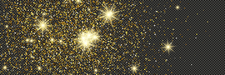 Gold glittering dust with stars on transparent backdrop