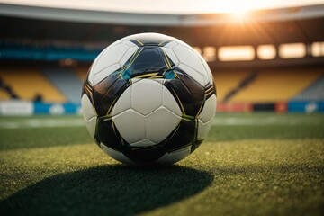 Soccer ball on grass in empty soccer stadium on soft sunny background. The concept of team play, football, waiting for a match, football championship, training. AI generated