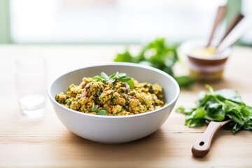 raw falafel mix in a bowl with spoon, chickpeas visible