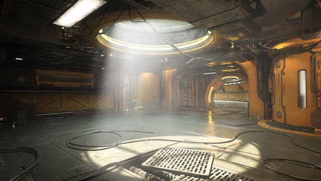 Science fiction dystopian future environment concept underground tunnel with light rays shining through an open roof. 3D illustration.