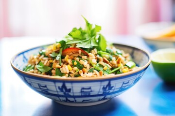 farro salad with corn kernels and cilantro in a blue bowl