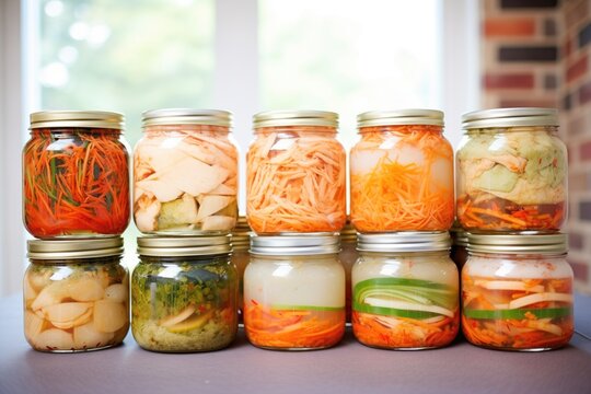 rows of fermentation jars filled with different kimchi styles