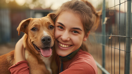 A happy female help adopt a dog from dog rescue shelter. A dog is happy.
