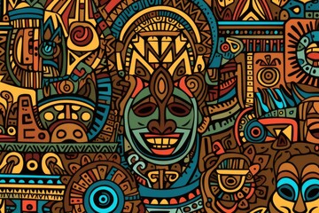 Cartoon cute doodles featuring African tribal motifs and symbols, forming a harmonious and culturally inspired seamless pattern, Generative AI  - obrazy, fototapety, plakaty
