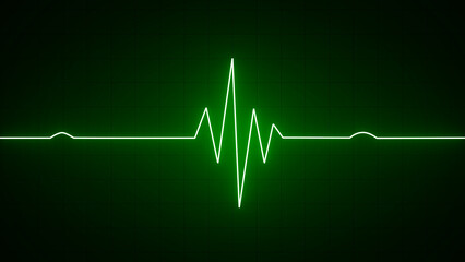 Green neon Heart pulse monitor with signal. Heartbeat line. Flat line EKG, Pulse trace. EKG and Cardio symbol. Healthy and Medical concept