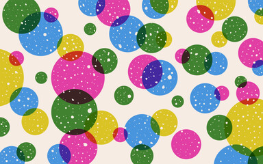 Fun abstract background with risograph effect. Colorful circles pattern. Contemporary childish doodle design. Vector multi colored confetti backdrop. Simple festive banner template