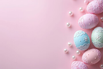 Fototapeta na wymiar Easter eggs adorned with lace and pearls on pale pink background