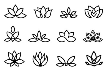 Lotus flower icons in linear style. Set of three silhouettes of lotus flowers. Linear lotus icons