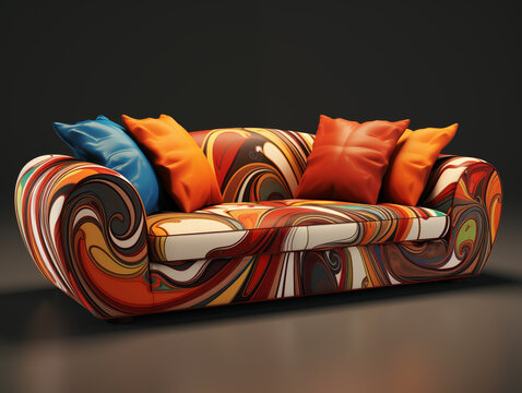 Sofá colorido com artes abstratas isolado em um fundo cinza escuro 
