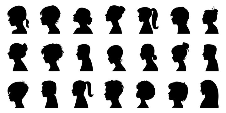Profile people head silhouette collection. Group young people. Profile silhouette faces of different people