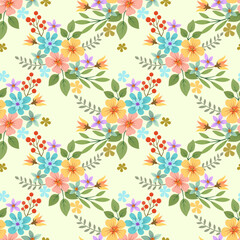 Beautiful blue flowers on yellow background. Can be used for fabric textile wallpaper.