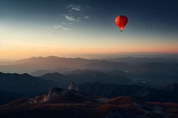 Balão de ar quente voando no céu em uma paisagem de montanhas ao entardecer - obrazy, fototapety, plakaty