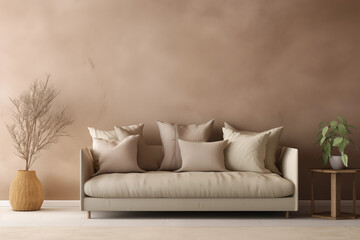 Sofa bege escuro com almofadas com vasos de planta dos dois lados e ao fundo uma parede bege escuro - moderno e minimalista  - obrazy, fototapety, plakaty