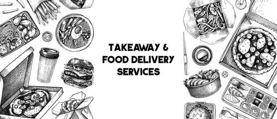 Takeaway and food delivery banner. Hand drawn vector illustration. Vintage style. Takeout food in paper box, fast food menu design. Pizza, burger, coffee, noodles, poke, sushi sketch