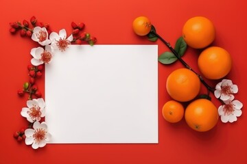 Chinese New Year flat lay top view festive decorations, mandarins, flowers, envelopes on red background, with copy space