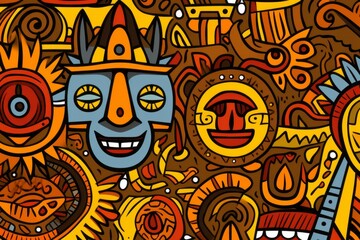 Cartoon cute doodles featuring African tribal symbols and patterns, intricately arranged to create a vibrant and culturally inspired seamless backdrop, Generative AI
