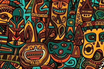 Cartoon cute doodles featuring African tribal symbols and patterns, intricately arranged to create a vibrant and culturally inspired seamless backdrop, Generative AI
