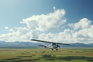 a small plane flies over a beautiful green field. The plane is white, has a propeller. The field is green and lush, and you can see the mountains in the distance. 