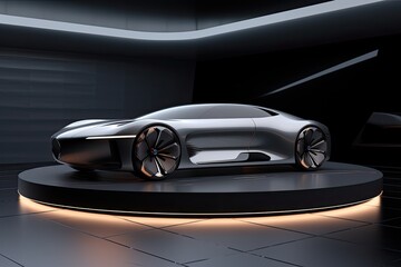 The photograph depicts a concept car standing on a black podium in a dark room. The car is silver in color and has a futuristic design. It has smooth, streamlined shapes and flowing lines.
