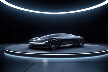 The photograph shows a futuristic car standing on a pedestal in a dark room. The car is black and has a futuristic design. It has a smooth, streamlined body with sharp angles and lines.