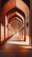 Obraz premium long corridor with terracotta-colored arched walls, capturing the essence of traditional Middle Eastern architecture