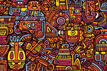 Fototapeta na wymiar Cartoon cute doodles featuring African tribal symbols and patterns, intricately arranged to create a vibrant and culturally inspired seamless backdrop, Generative AI