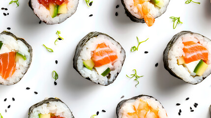 Sushi rolls with salmon and avocado with green sprouts and black sesame seeds on white background, pattern. Creative sushi setting with a variety of rolls, perfect for a culinary poster or food blog