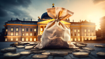 euro money bag and government building.Business and finance concept - obrazy, fototapety, plakaty