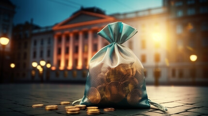 euro money bag and government building.Business and finance concept - obrazy, fototapety, plakaty
