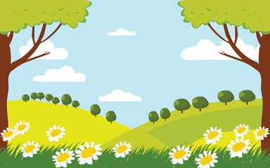 Flat clip art with a natural green background and flower vector illustration
