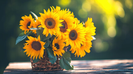 Fototapeta premium Bouquet of sunflowers in glass jar, green summer garden background
